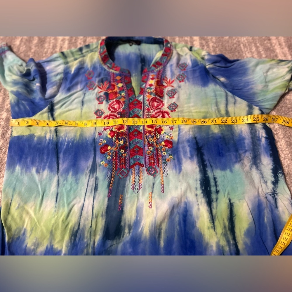 Calessa Embroidered Tunic Top Size 2X Colorful Tie Dye Bohemian Peasant Rayon - Picture 6 of 8
